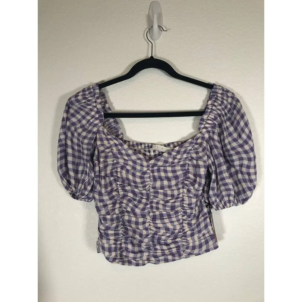 ASTR Blue Ruched Gingham Puff Sleeve Top- S